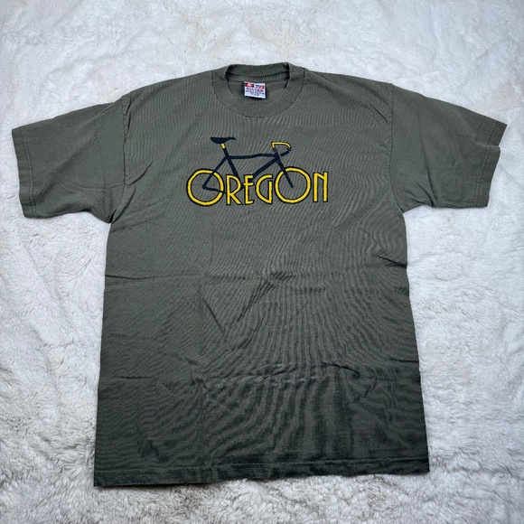 Vintage Oregon Bike Short Sleeve T-Shirt Bayside Made in USA Cotton Green XL - Picture 1 of 6